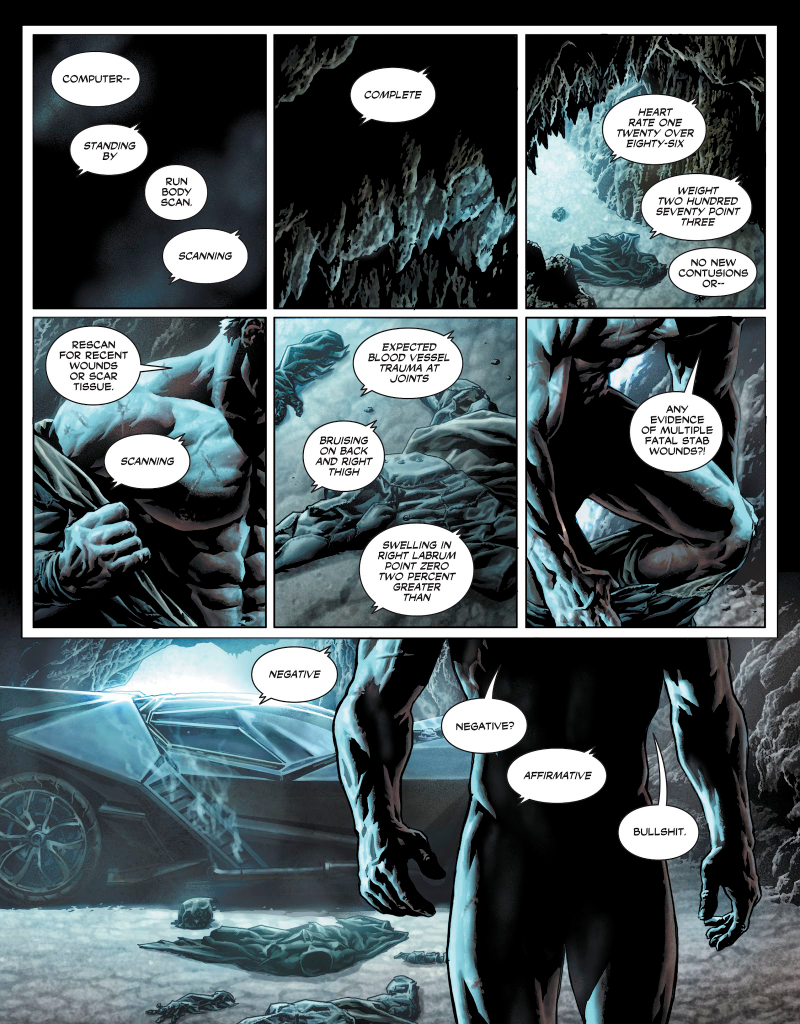 Bruce Wayne disrobing in the Batcave.